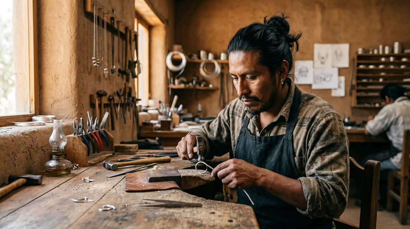 José Cerrillo, diseñador de joyería artesanal mexicana, en su taller